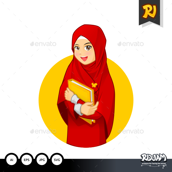 Muslim Woman Hugging a Book Wearing Red Veil - People Characters