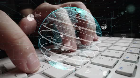 Man Working on Computer with Graphic of Business Data Analytic Modernization alt