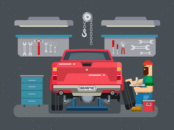 Mechanic Repairs Car in the Garage - Services Commercial / Shopping