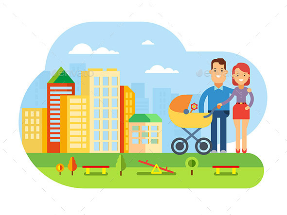 Happy Young Family with Baby on City Landscape - Buildings Objects