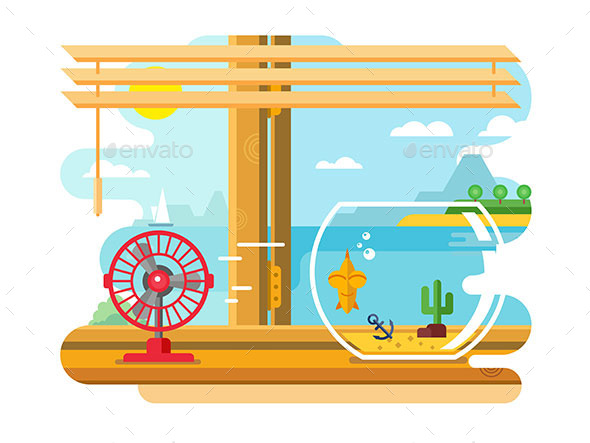 Fan and Aquarium on Windowsill - Landscapes Nature