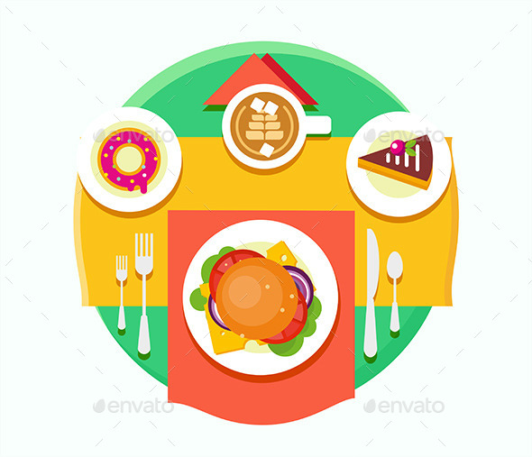Food Objects on Table Flat Design - Food Objects
