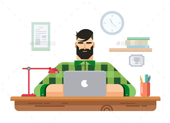 Man at a Desk In Front of Laptop - People Characters
