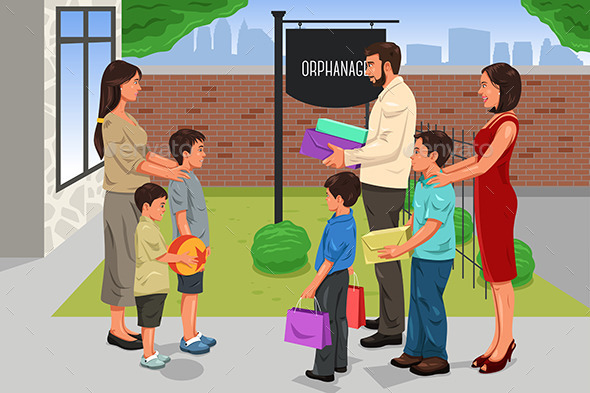 Family Giving Donation to the Orphanage - People Characters