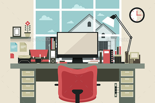 Modern Office Interior in Flat Design - Objects Vectors