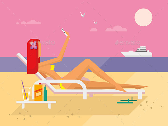 Sunbathing Girl On The Beach Doing Selfie - Landscapes Nature