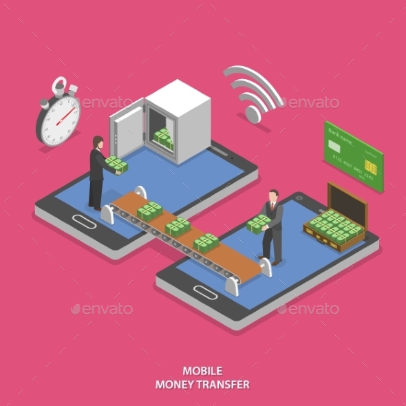 Mobile Money Transfer Flat Isometric Vector. - Retail Commercial / Shopping