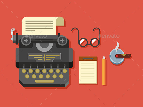 Typewriter With Sheet Of Paper, Glasses, Notepad - Objects Vectors