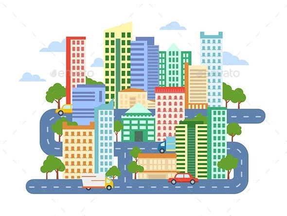 City Landscape With Buildings Cars And Roads - Buildings Objects