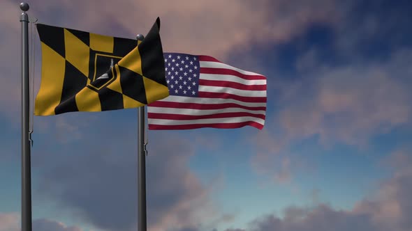 Baltimore City Flag Waving Along With The National Flag Of The USA - 2K alt