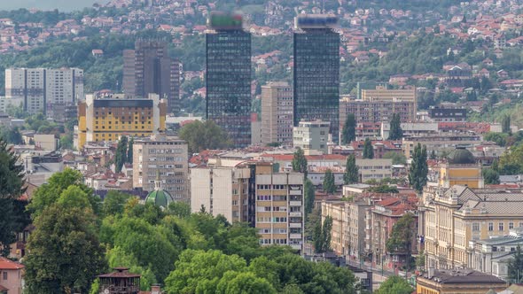 Aerial view of Sarajevo old town roofs and houses on the hills timelapse, Sarajevo alt