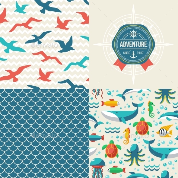 Seamless Patterns of Marine Symbols and Label - Backgrounds Decorative