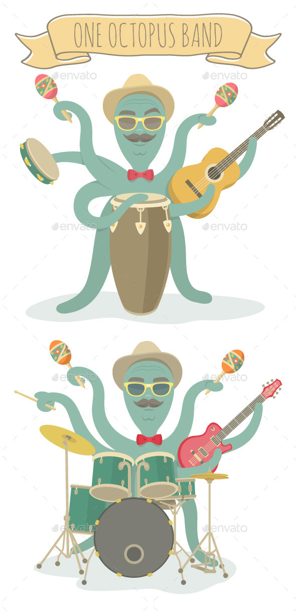 Cartoon Octopus Character Plays Music - Animals Characters