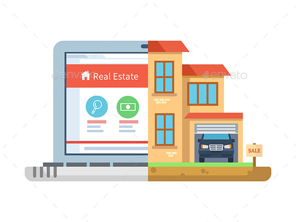 Real Estate Laptop Building Flat Style - Buildings Objects