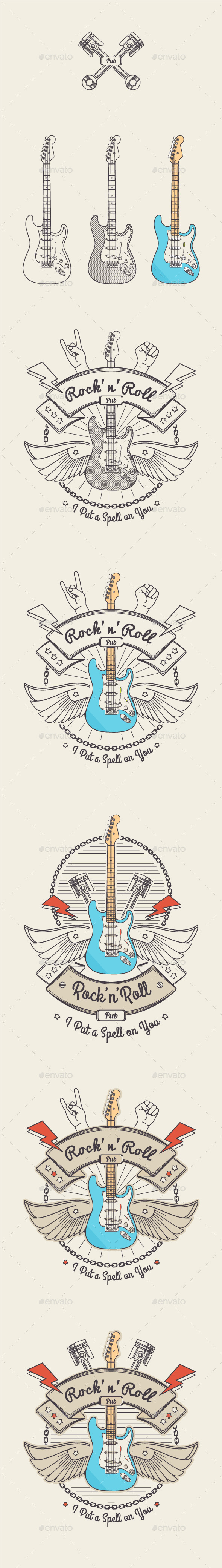 Trendy Retro Vintage Insignias with Guitar. - Tattoos Vectors