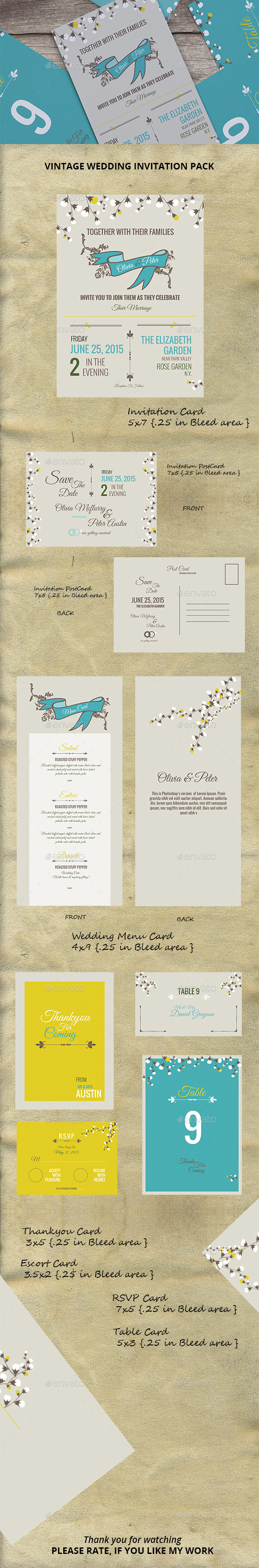 Vintage Wedding Invitation Pack - Cards & Invites Print Templates
