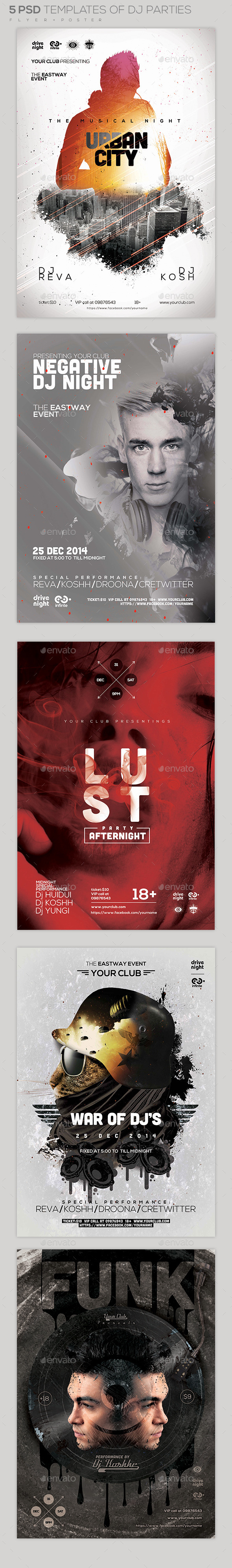 Bundle of 5 PSD Templates of Dj Parties - Clubs & Parties Events