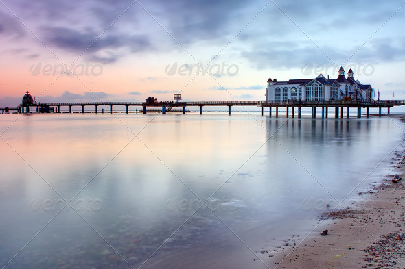 Pier with restaurant at the Baltic Sea, Germany - Stock Photo - Images