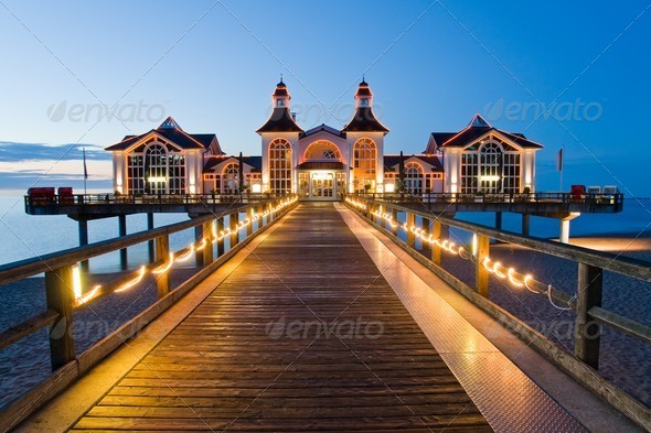 Pier with restaurant in Sellin, Baltic Sea, Germany - Stock Photo - Images