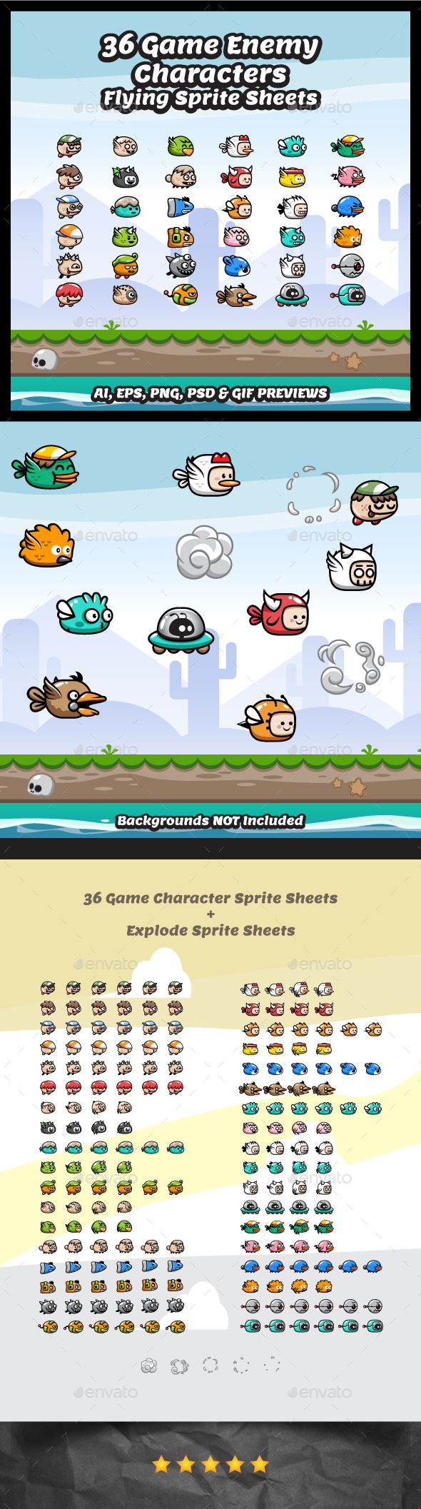 36 Flying Enemy Characters - Sprites Game Assets