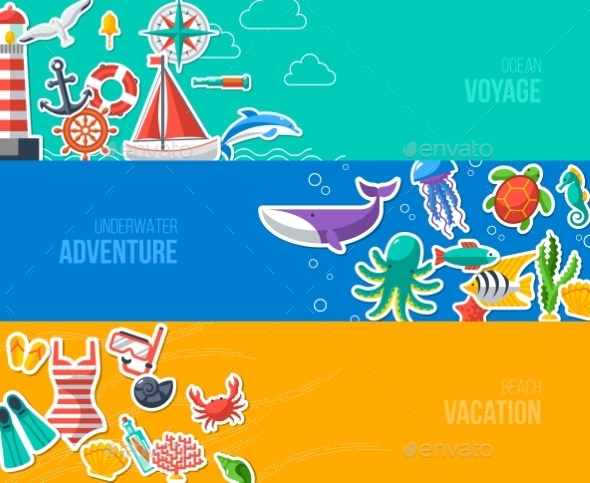 Summer Banners with Marine Symbols - Travel Conceptual