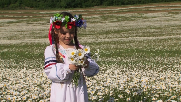 Cute Little Girl With Chamomiles In The Field 