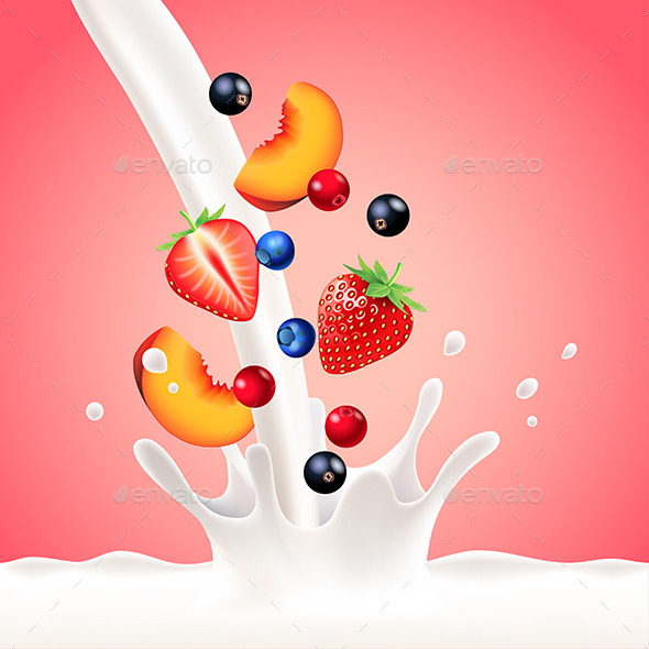 Pouring Milk Splash with Fruits Vector Background - Food Objects