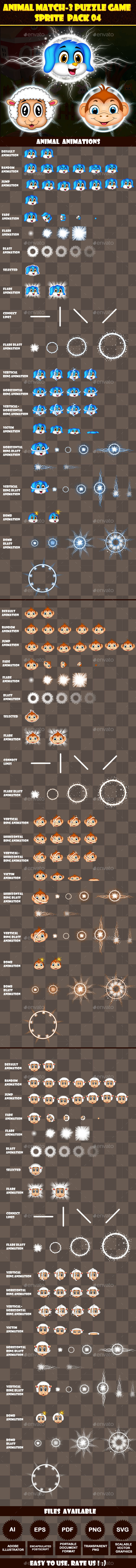 Animal Match-3 Puzzle Game Sprite Pack 04 - Sprites Game Assets