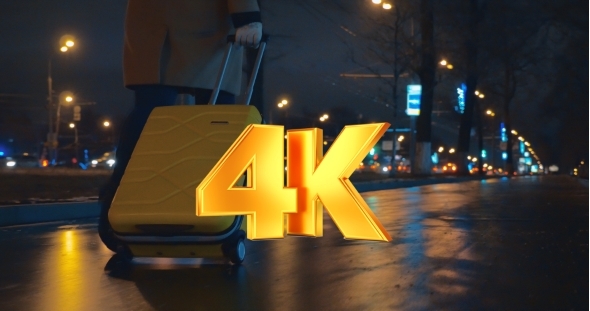 Female Traveler Walking In The City With Trolley alt