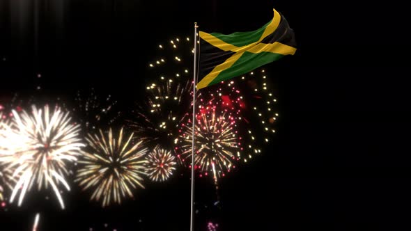 Jamaica Flag With World Globe Flags And Fireworks