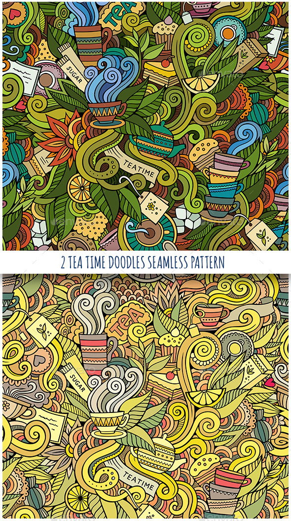 2 Tea Doodles Seamless Pattern - Food Objects