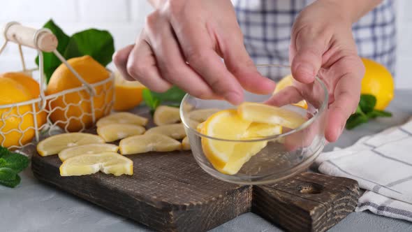 Frozen lemon slices. Frozen fruits, frozen food