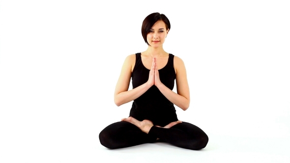 Happy Woman Prepare For Yoga Training On White