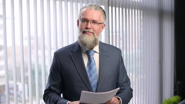 Portrait of an adult gray-haired man with documents in his hands in the office alt