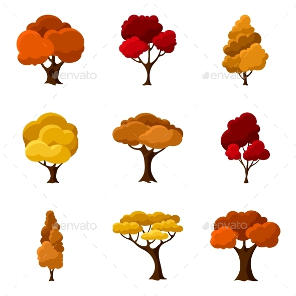 Set Of Autumn Abstract Stylized Trees. Natural - Landscapes Nature