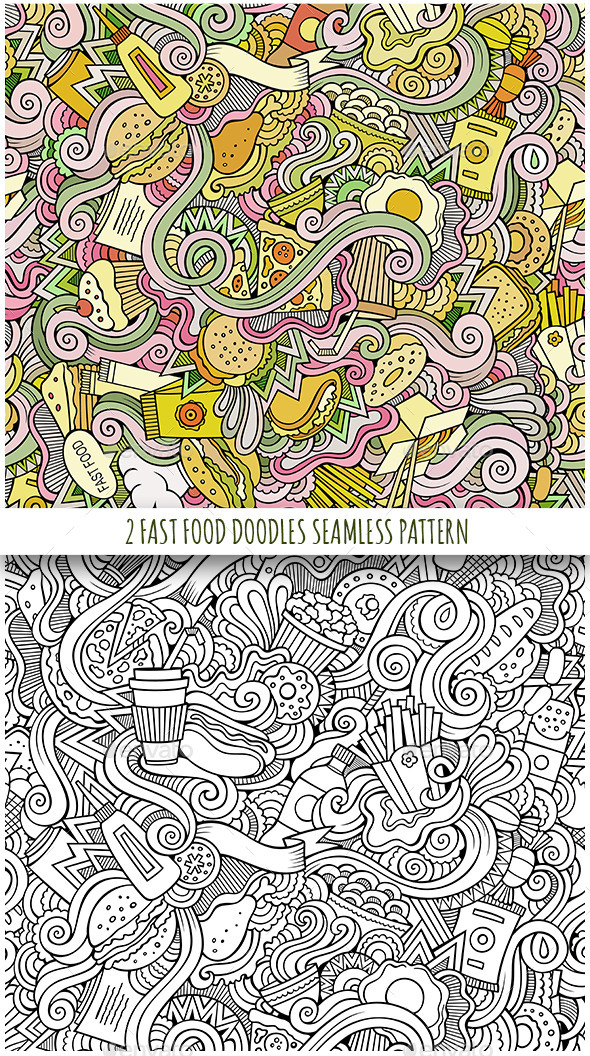 2 Fast Food Doodles Seamless Patterns - Food Objects