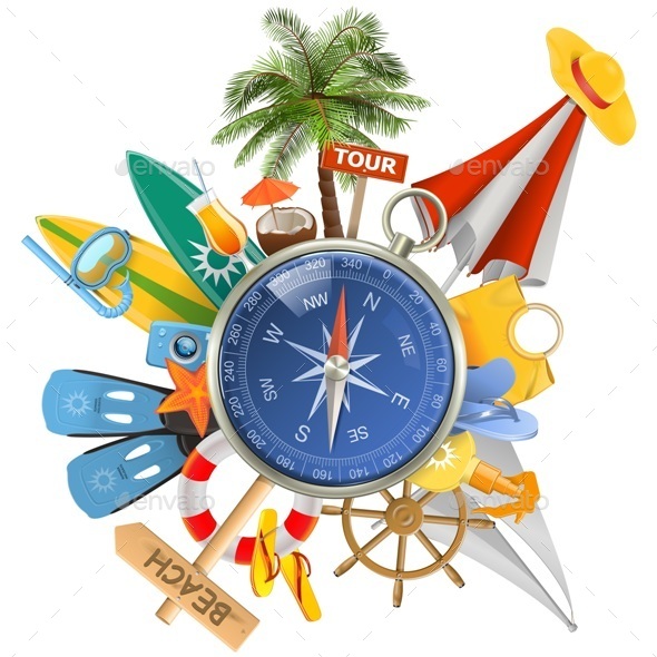 Vector Beach Concept with Compass - Travel Conceptual