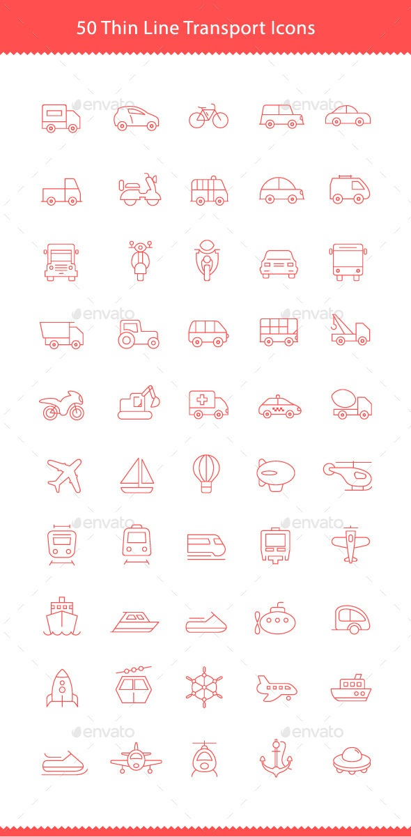 50 Thin Line Stroke Transport Icons - Objects Icons