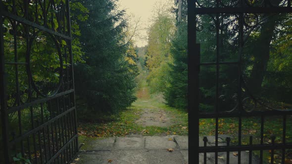 The entrance to the alley through the gate to the old autumn park