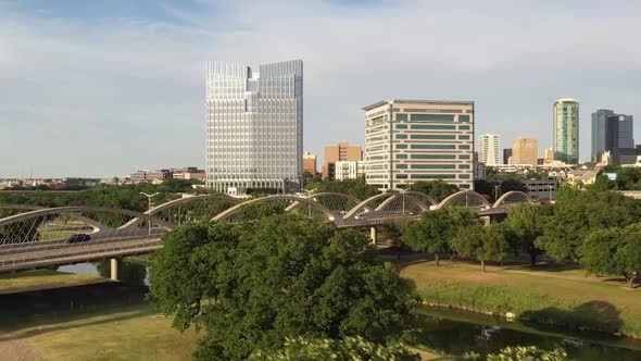Drone footage of downtown Fort Worth Texas and Trinity River by 7th Street Bridge alt