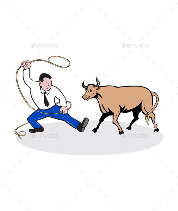 Businessman Holding Lasso Bull Cartoon - People Characters
