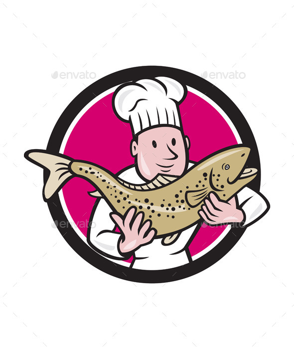 Chef Holding Fish Circle Cartoon - People Characters