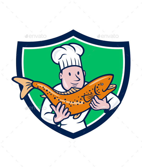 Chef Holding Fish Shield Cartoon - People Characters