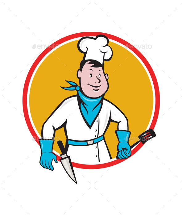 Chef Holding Spatula Knife Circle Cartoon - People Characters
