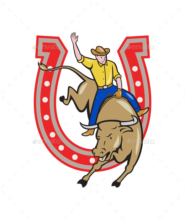 Rodeo Cowboy Bull Riding Horseshoe Cartoon - Sports/Activity Conceptual