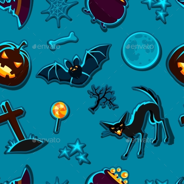 Happy Halloween Seamless Pattern With Stickers - Seasons/Holidays Conceptual