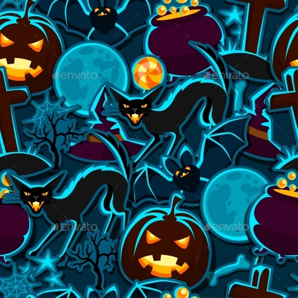 Happy Halloween Seamless Pattern With Stickers - Seasons/Holidays Conceptual