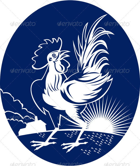 Rooster Cockerel Cock Crowing Woodcut Style
