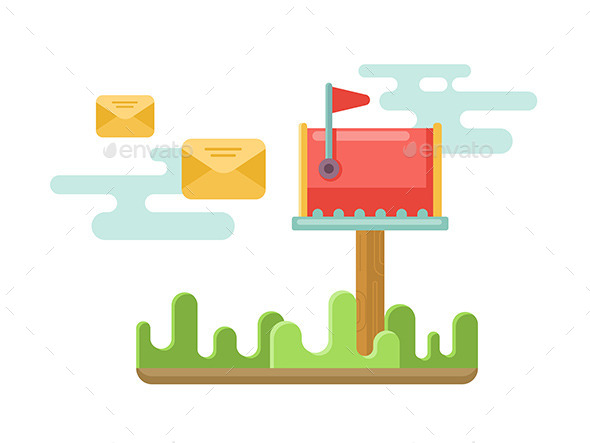Mailbox At Lawn With Envelopes Concept In Flat - Communications Technology