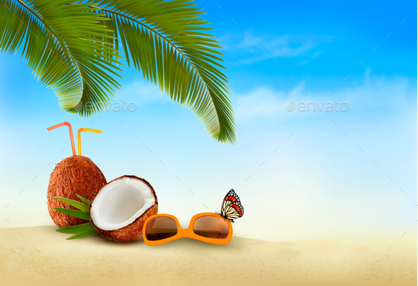 Vacation Background. Beach With Palm Trees - Travel Conceptual